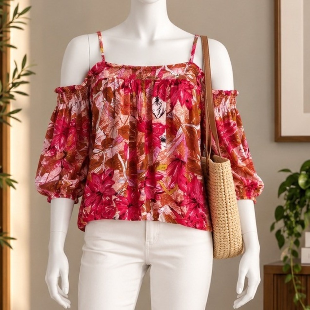 Lascana for Venus Womens Cold Shoulder Top Floral Boho Pink Orange Medium